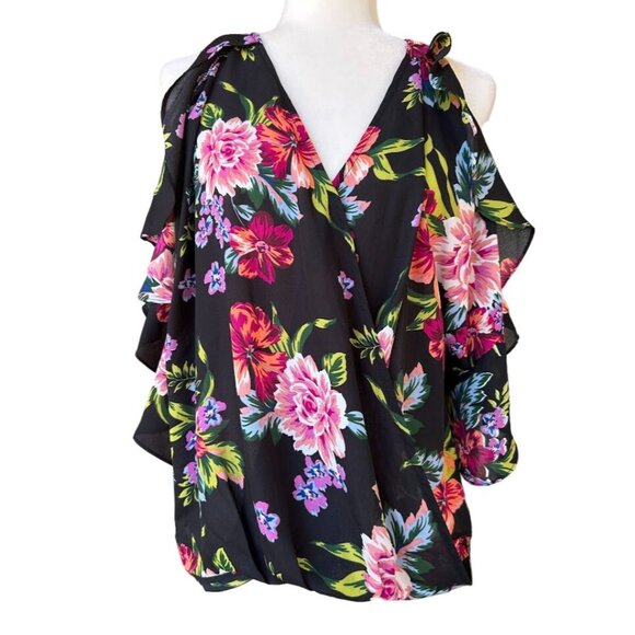 Floral Cold-Shoulder Blouse‎ By Umgee USA - Size S Navy Black Background - Picture 1 of 8